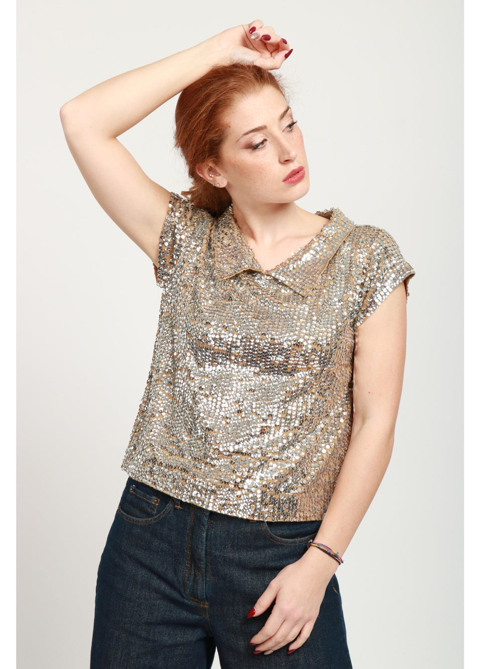 N°21 T-Shirt in Lana Vergine Nude con Paillettes Argento Caramello/argento