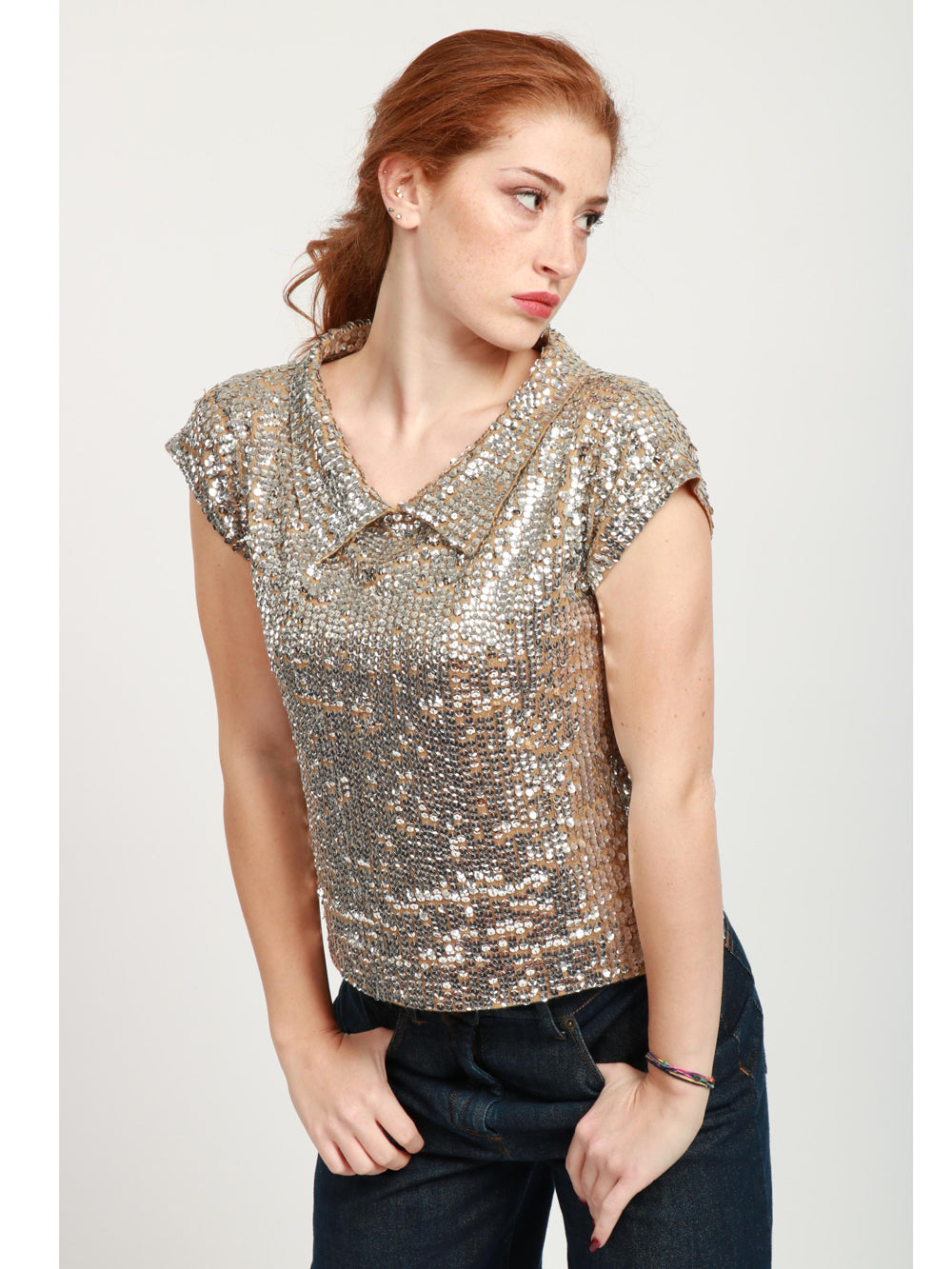 N°21 T-Shirt in Lana Vergine Nude con Paillettes Argento Caramello/argento