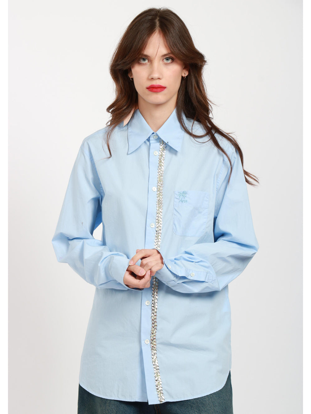 Light Blue Cotton Shirt with Rhinestones