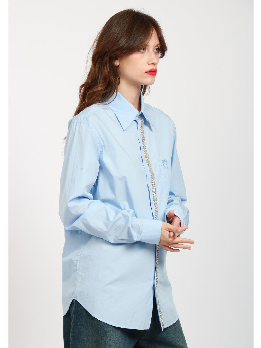 Light Blue Cotton Shirt with Rhinestones