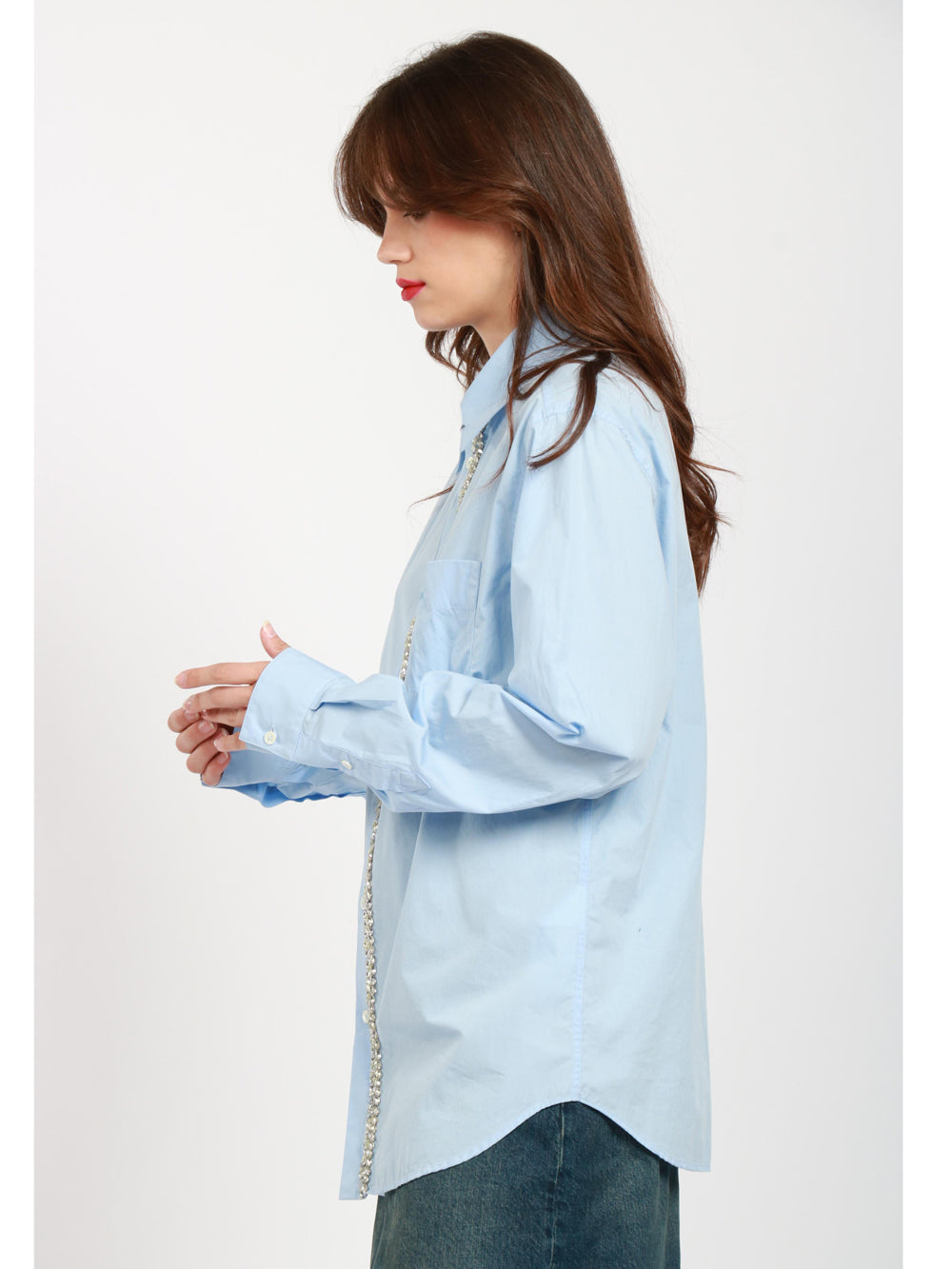 Light Blue Cotton Shirt with Rhinestones