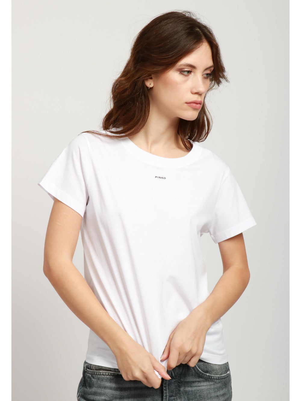 PINKO T-Shirt Basico Girocollo in Cotone Bianca con Logo Nera Bianco