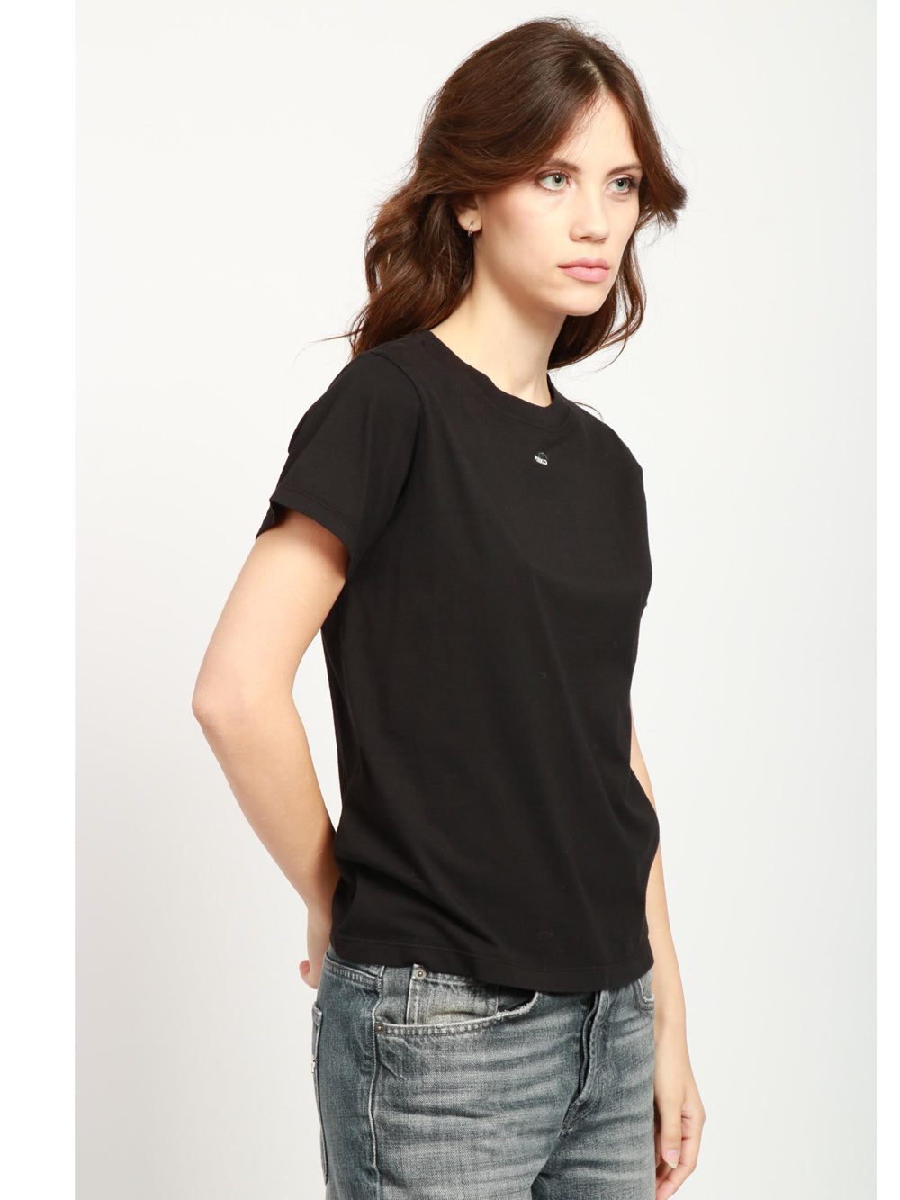 PINKO T-Shirt Basico Girocollo in Cotone Nera con Logo Bianco Nero