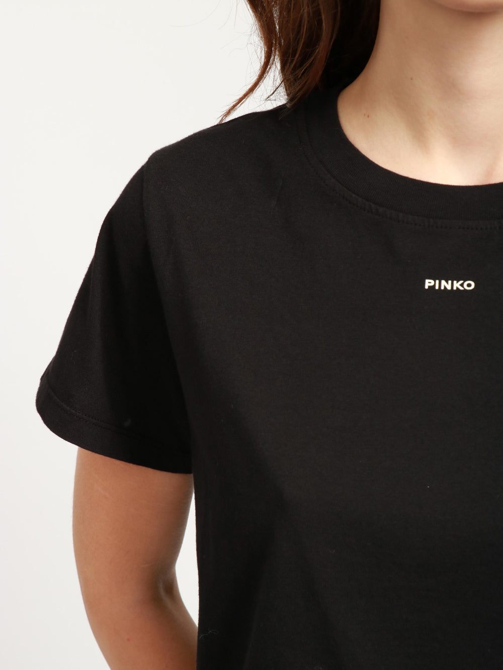 PINKO T-Shirt Basico Girocollo in Cotone Nera con Logo Bianco Nero