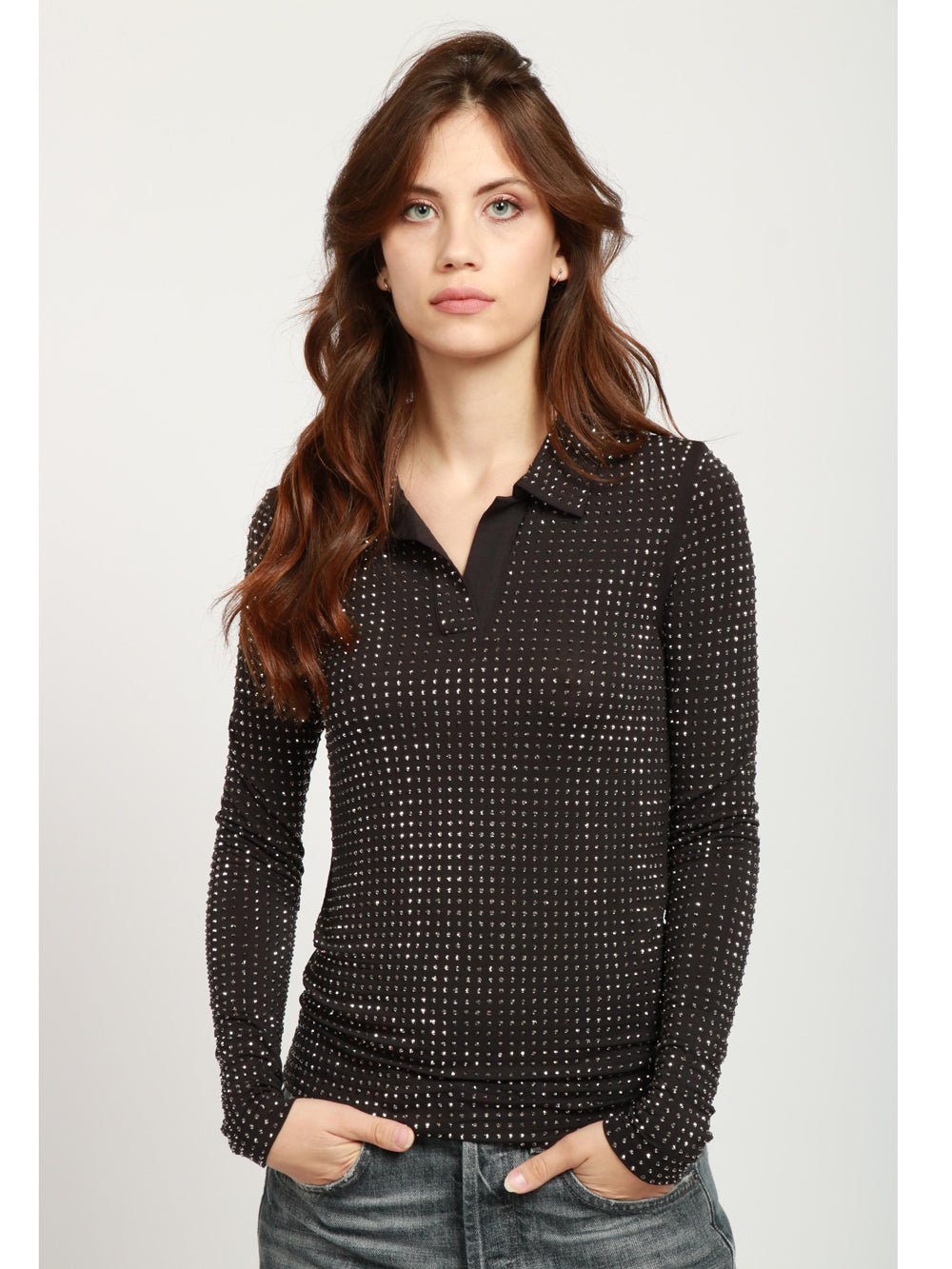 PINKO Maglia Polo Kooser Nera con Strass Nero