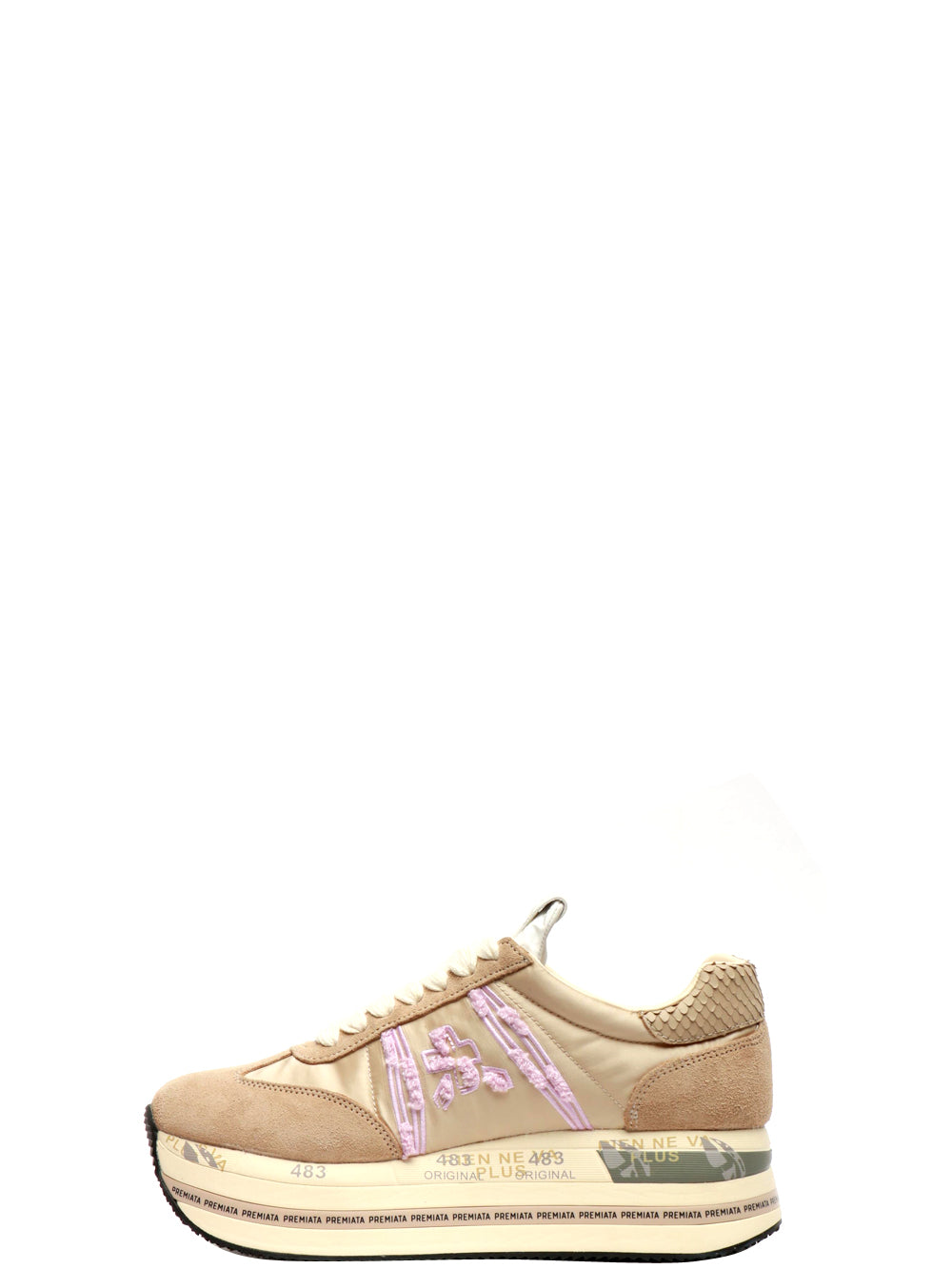 PREMIATA Scarpe Sneakers Beth in Suede e Tessuto Sabbia e Lilla Beige/lilla