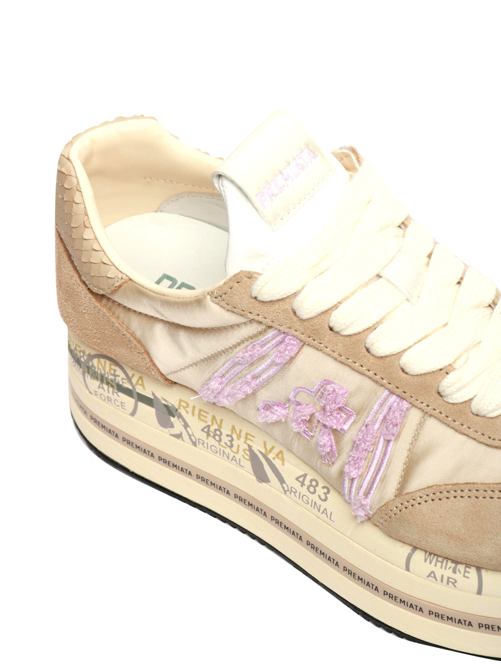 PREMIATA Scarpe Sneakers Beth in Suede e Tessuto Sabbia e Lilla Beige/lilla