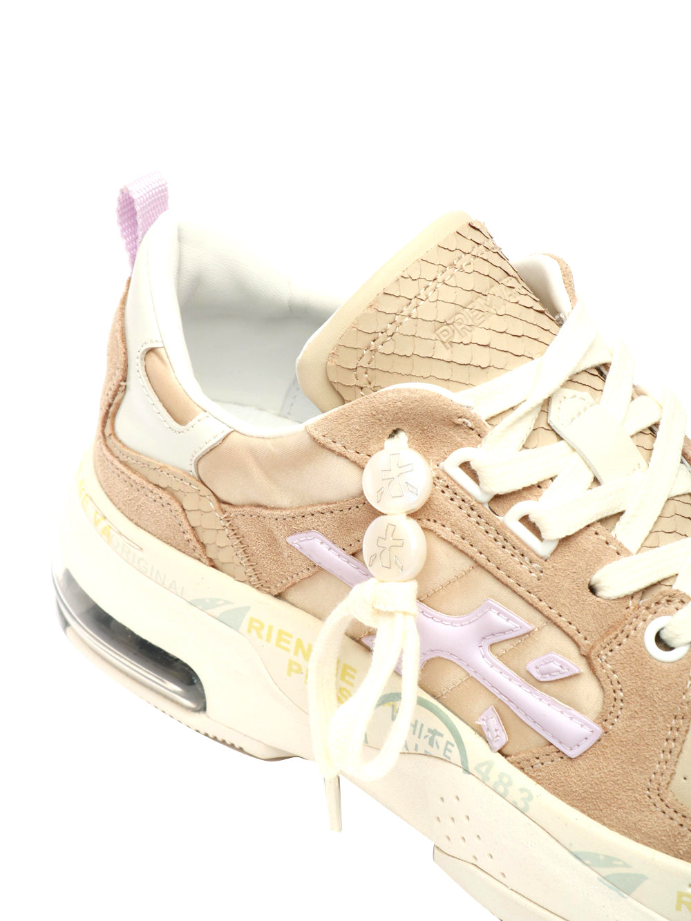 PREMIATA Scarpe Sneakers Draked in Pelle e Suede Sabbia con Dettagli Lilla Sabbia+lilla