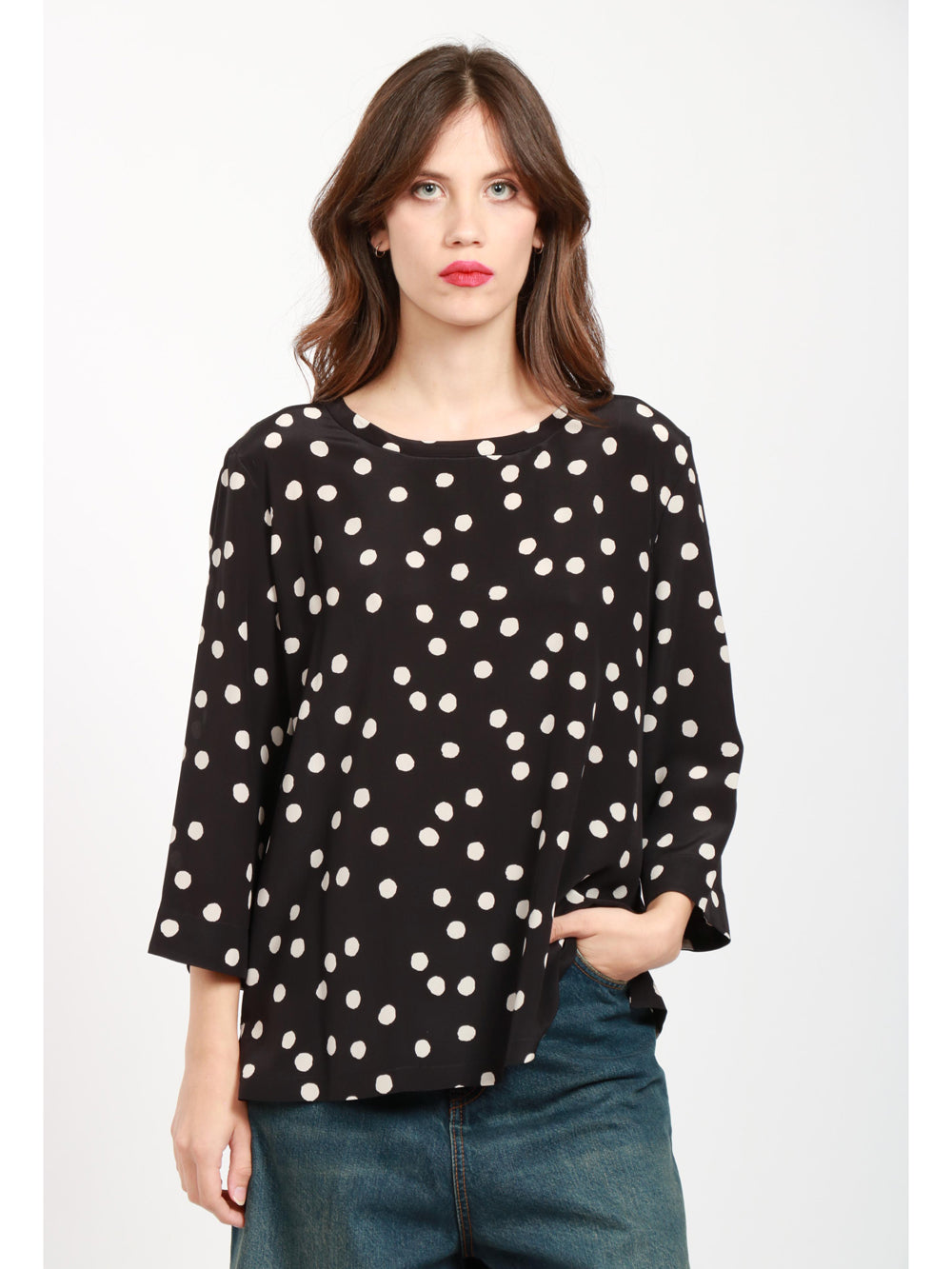 Arturo Blouse in Black Silk with White Polka Dots