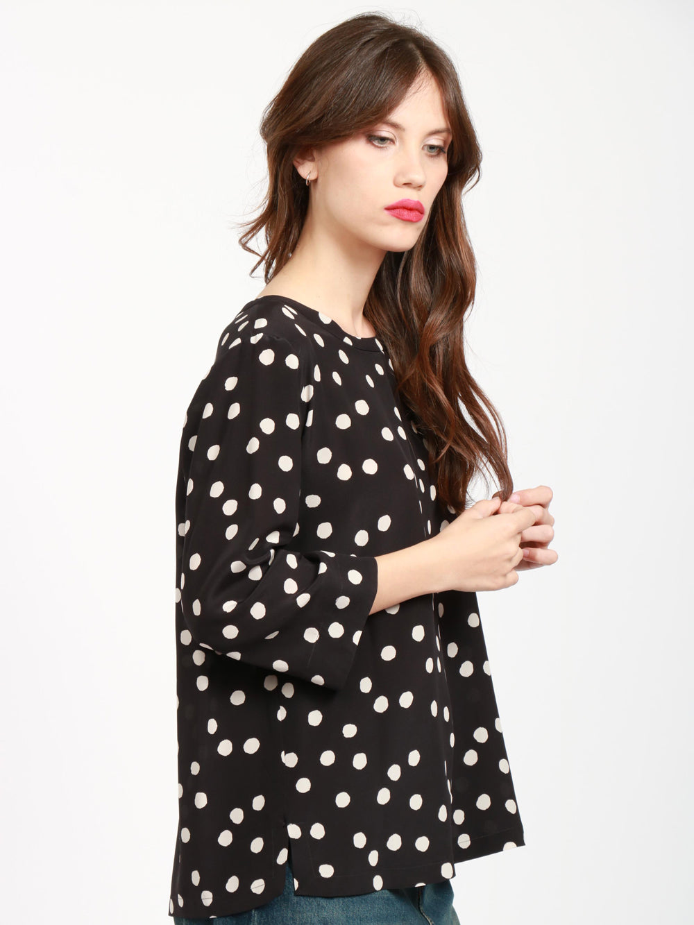 Arturo Blouse in Black Silk with White Polka Dots