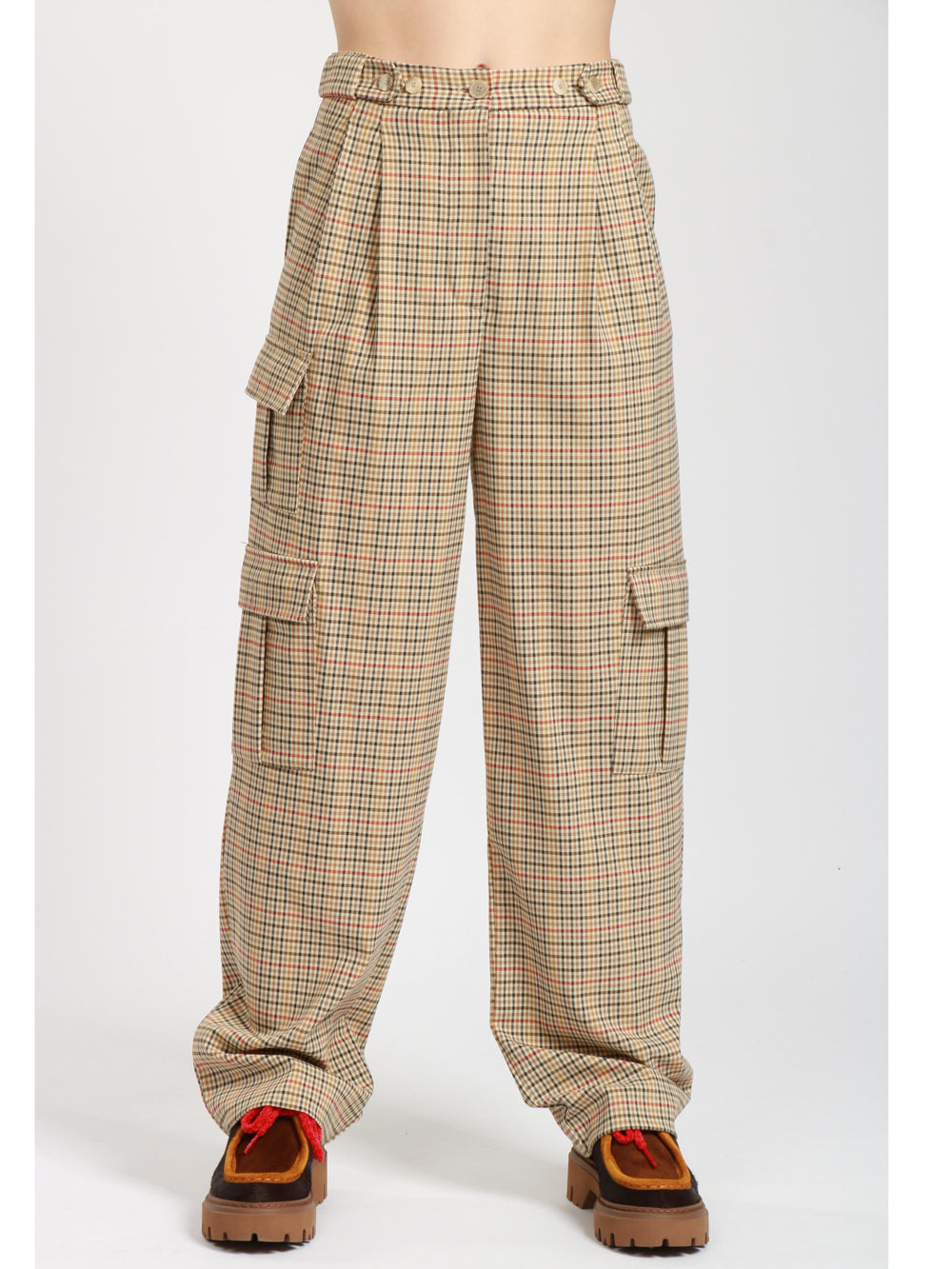 SEMICOUTURE Pantaloni Maica Cargo con Stampa Check Beige e Pinces Beige