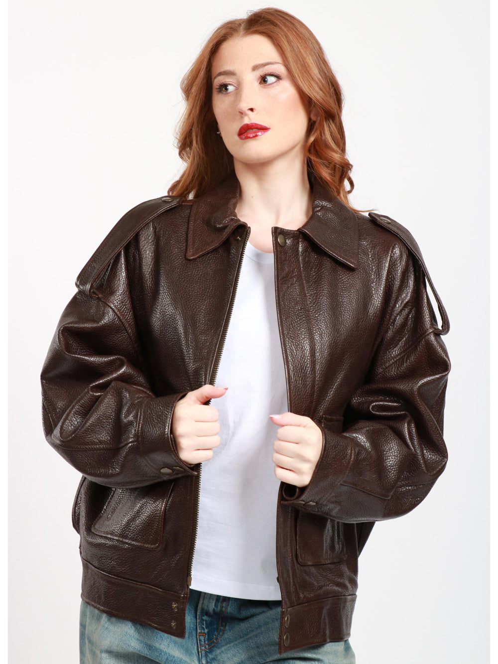 SEMICOUTURE Bomber Therese in Pelle Martellata Marrone Testa di moro