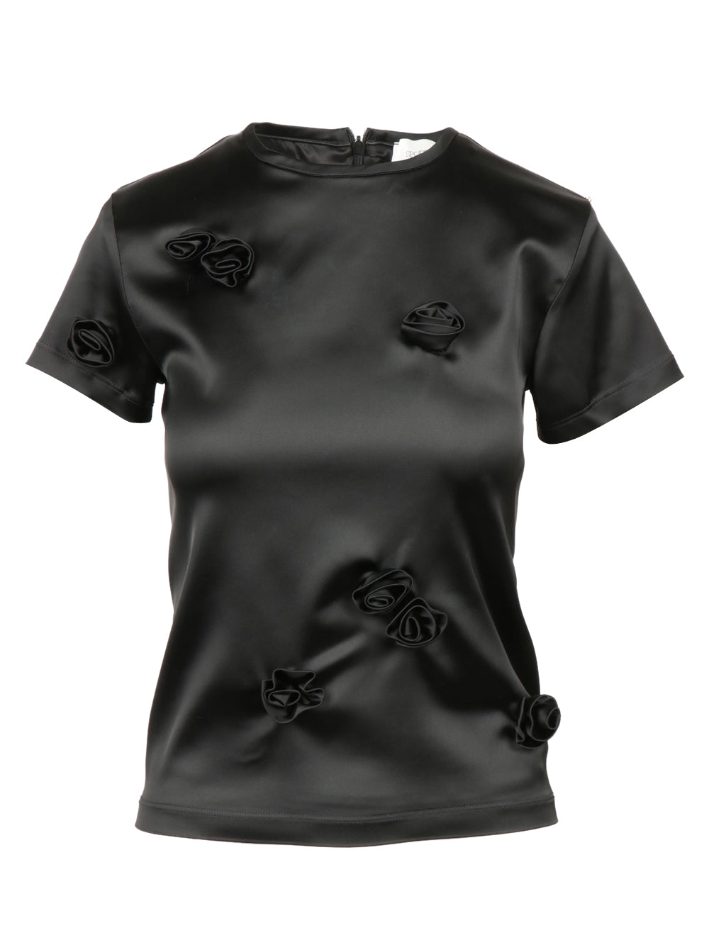 SPORTMAX T-Shirt Mendoza Girocollo in Raso Nera con Rose Nero