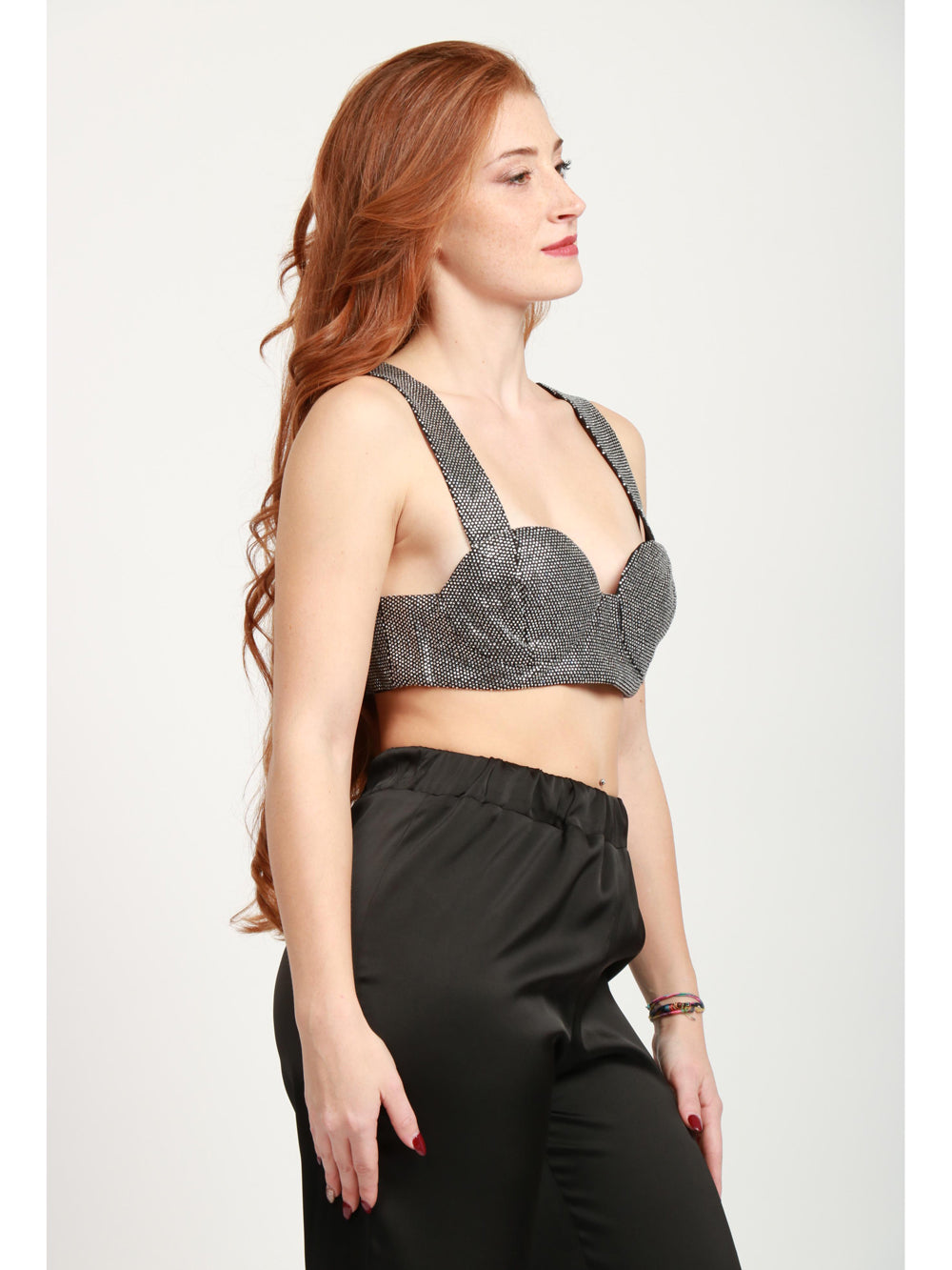 TWENTY FOURHAITCH Top Selene Bralette Nero con Cristalli Argento Nero Argento