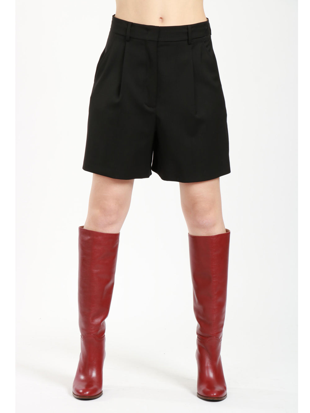 Nabulus Bermuda Shorts in Black Wool Canvas with Pleats