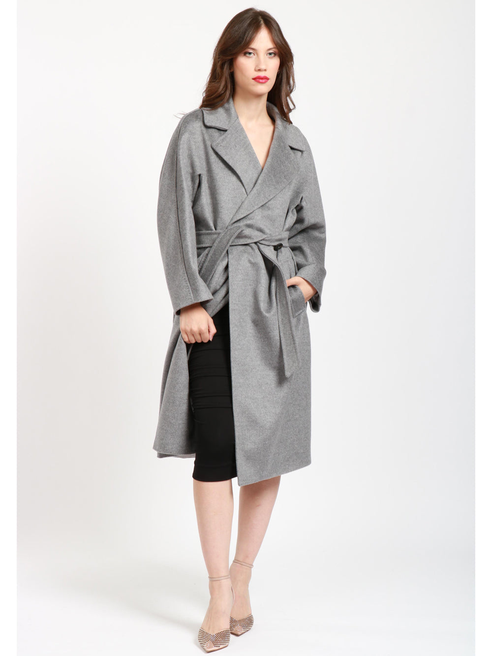 WEEKEND MAX MARA Cappotto Resina Doppiopetto in Lana Vergine Grigio con Fusciacca Grigio