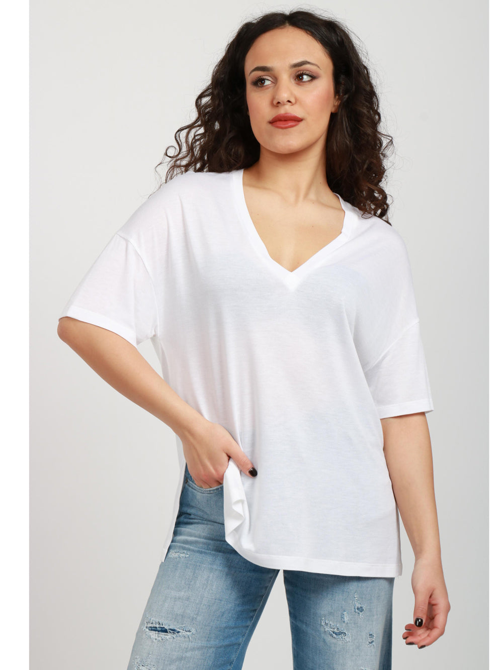 DONDUP T-Shirt in Misto Seta Bianca con Scollo a V Bianco