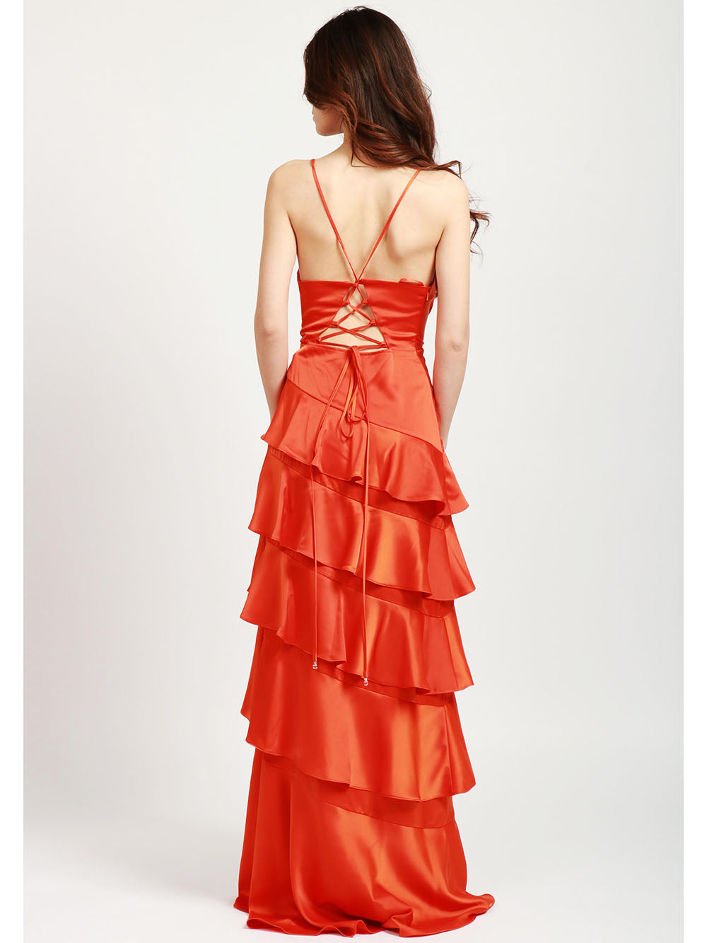 COUTURE IS FOREVER Vestito Draper Lungo a Balze in Satin Arancione Arancio