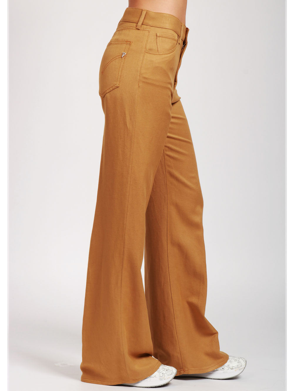 DONDUP Pantaloni Amber Palazzo in Misto Lino Cammello Sabbia