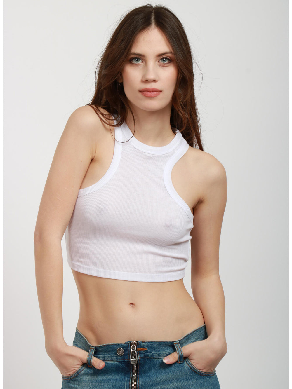 DONDUP Top Canotta Crop in Cotone a Costine Bianca Bianco