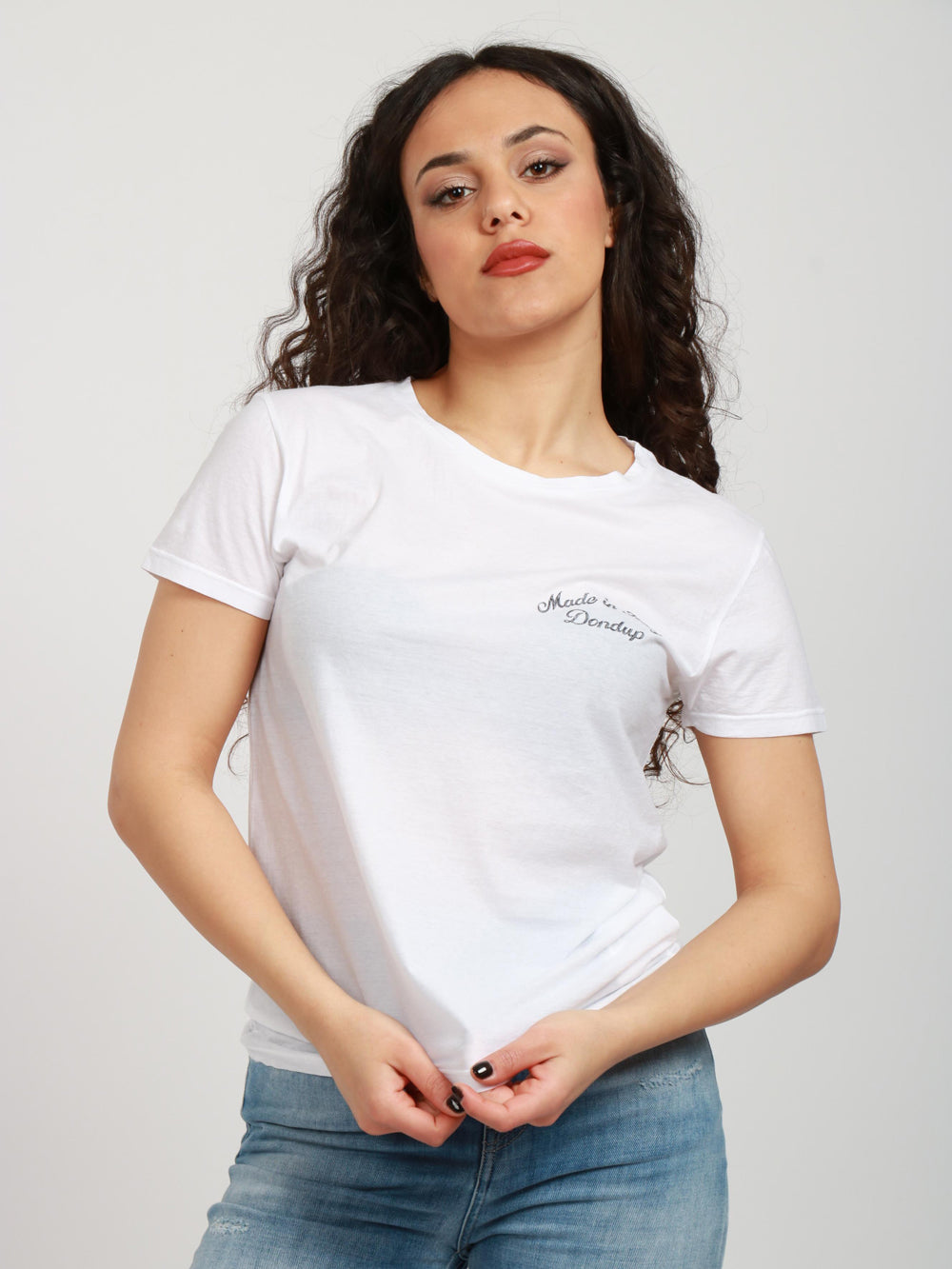 DONDUP T-Shirt Girocollo in Cotone Bianca con Ricamo Bianco