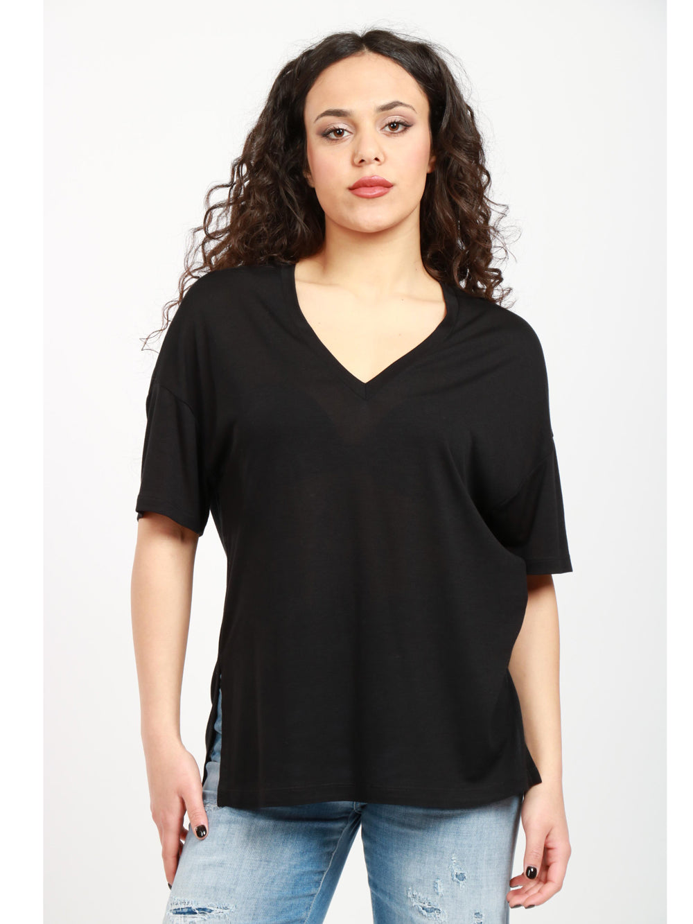 DONDUP T-Shirt in Misto Seta Nera con Scollo a V Nero