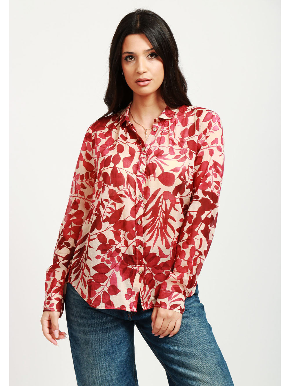 Camicia in Voile Seta con Stampa Nuages Fleuris Cipria e Rossa