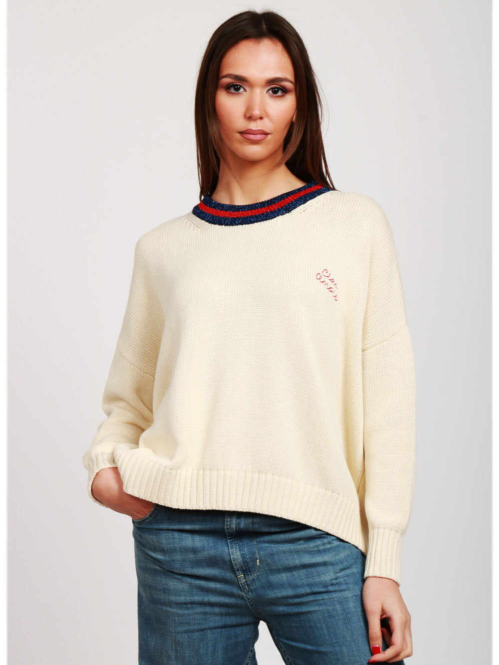 GIADA BENINCASA Maglia Girocollo in Filo di Cotone Bianca con Ricamo Ciao Amore Panna/blu