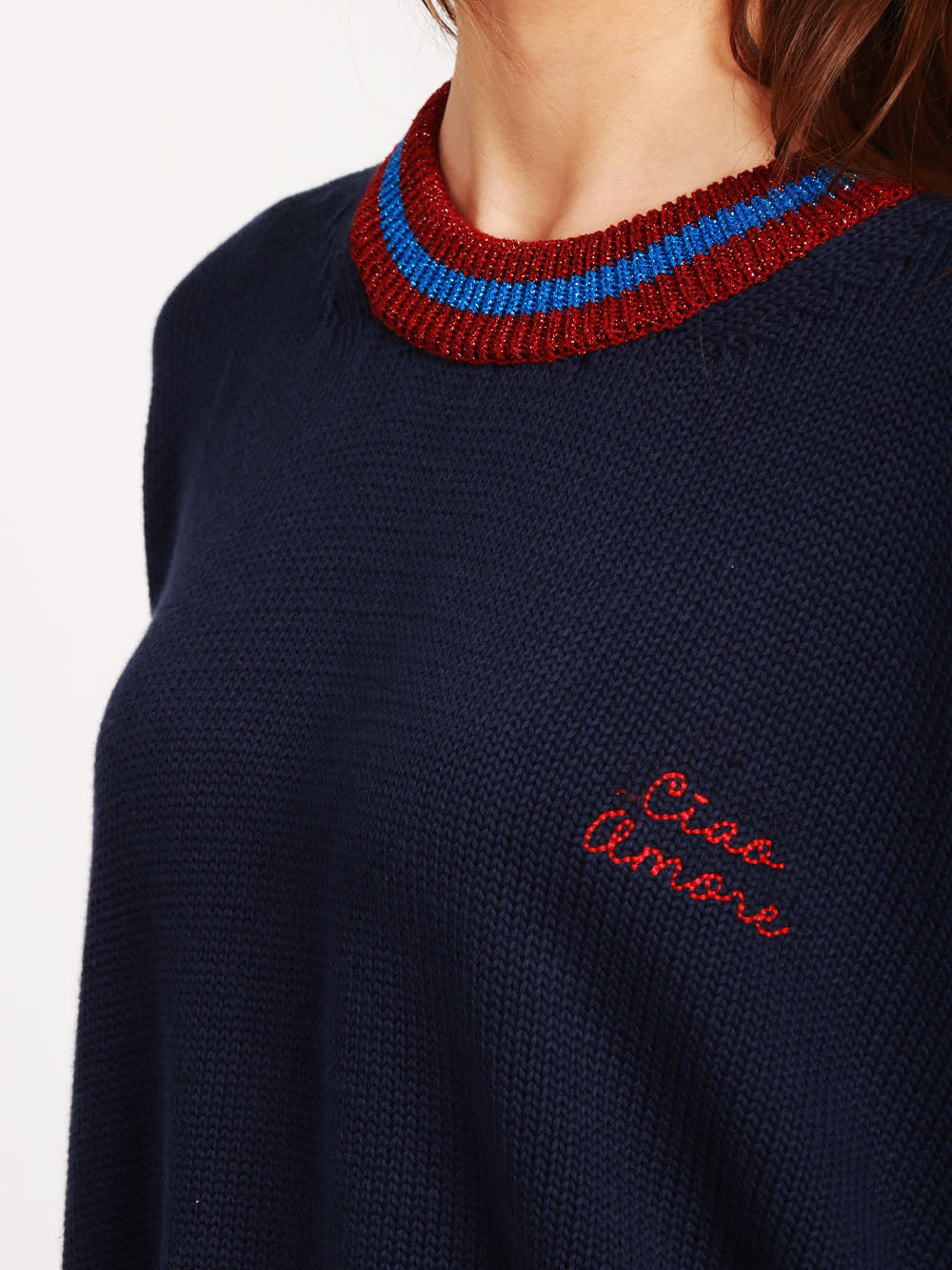 GIADA BENINCASA Maglia Girocollo in Filo di Cotone Blu con Ricamo Ciao Amore Blu/bordeaux