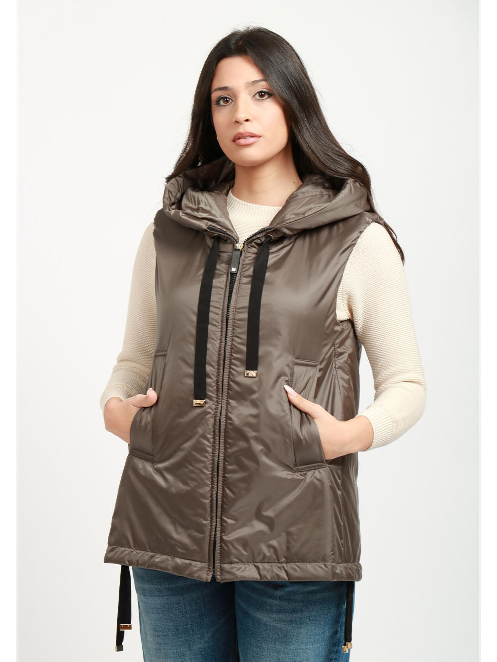 MAX MARA THE CUBE Gilet Imbottito Greengo in Tessuto Antigoccia Grigio Verde con Cappuccio Grigio