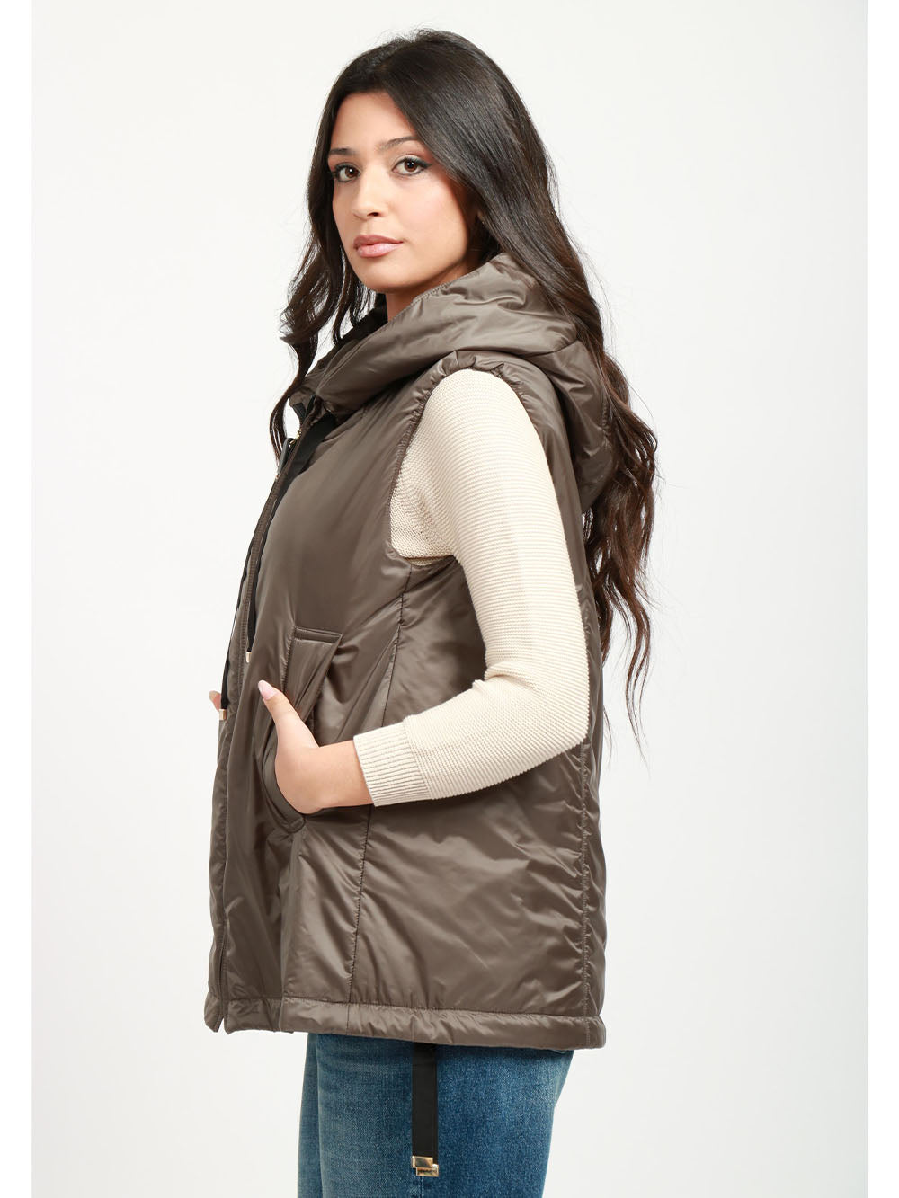 MAX MARA THE CUBE Gilet Imbottito Greengo in Tessuto Antigoccia Grigio Verde con Cappuccio Grigio