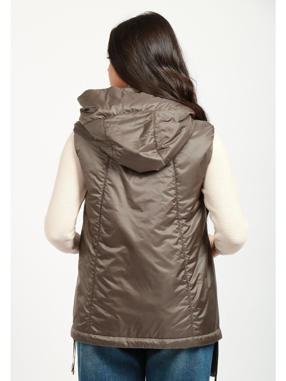 MAX MARA THE CUBE Gilet Imbottito Greengo in Tessuto Antigoccia Grigio Verde con Cappuccio Grigio