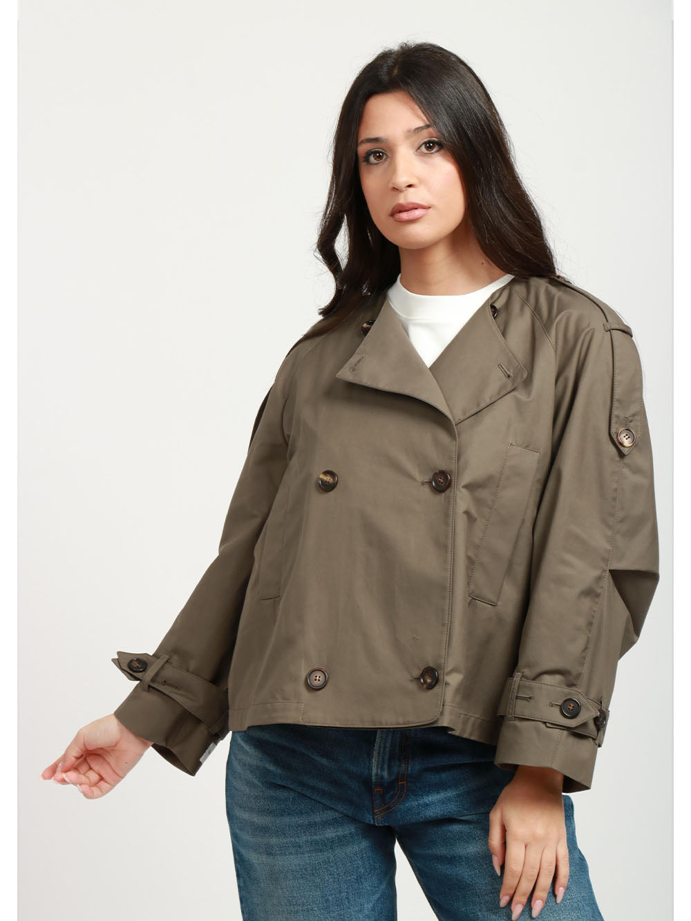 MAX MARA THE CUBE Trench Jim Doppiopetto in Twill Antigoccia Verde Militare Verde militare