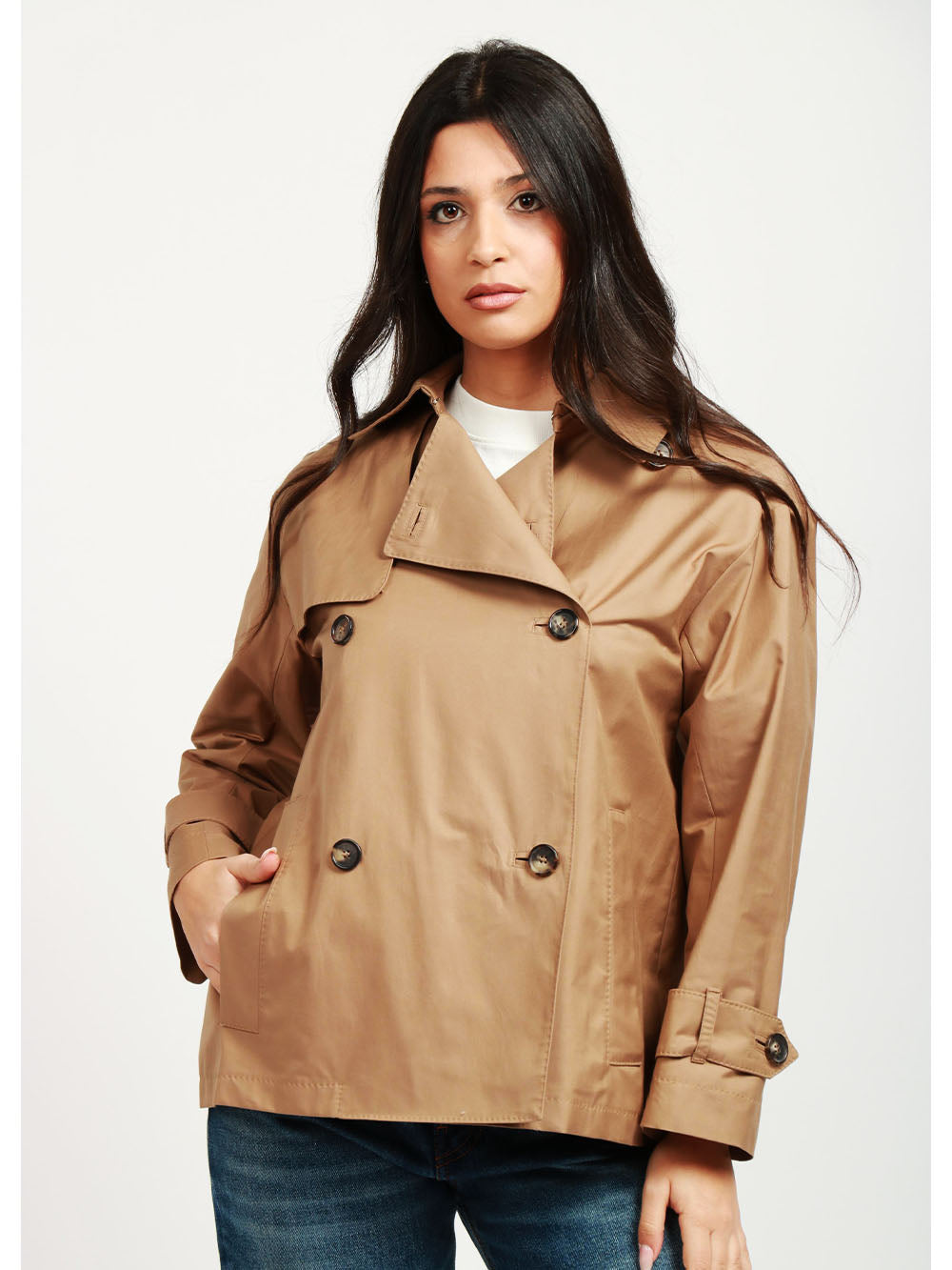 MAX MARA THE CUBE Trench Zeno Corto Doppiopetto in Twill Antigoccia Cammello Camel