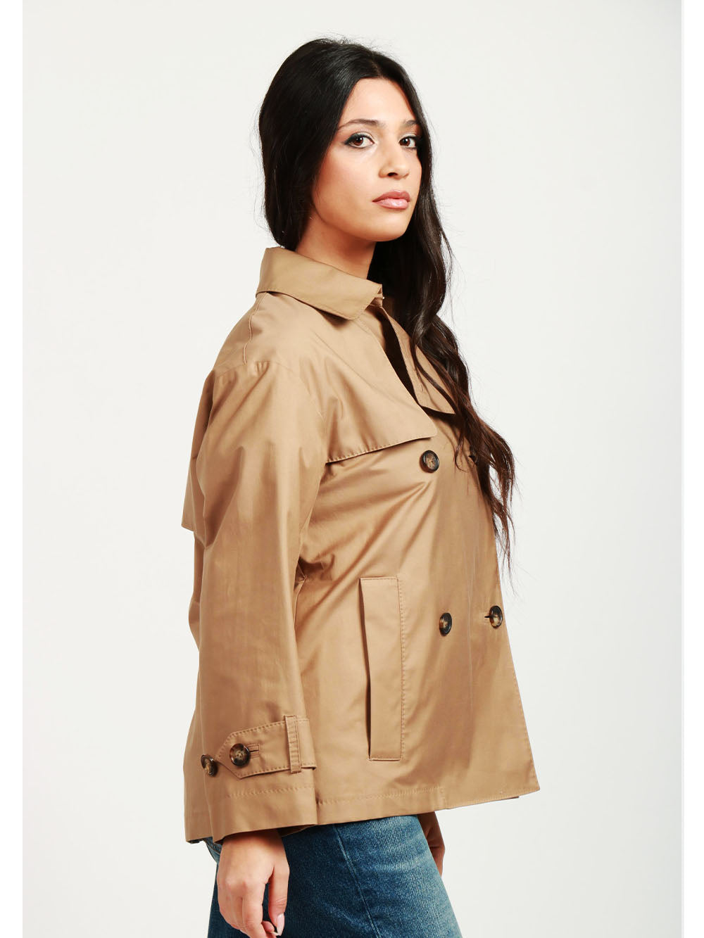 MAX MARA THE CUBE Trench Zeno Corto Doppiopetto in Twill Antigoccia Cammello Camel