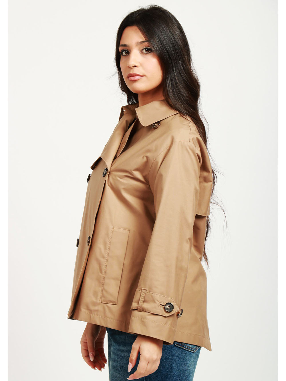 MAX MARA THE CUBE Trench Zeno Corto Doppiopetto in Twill Antigoccia Cammello Camel