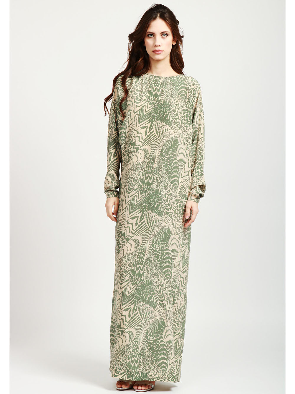 MOMONÌ Vestito Murui Lungo in Seta a Fantasia Verde e Panna Verde/beige