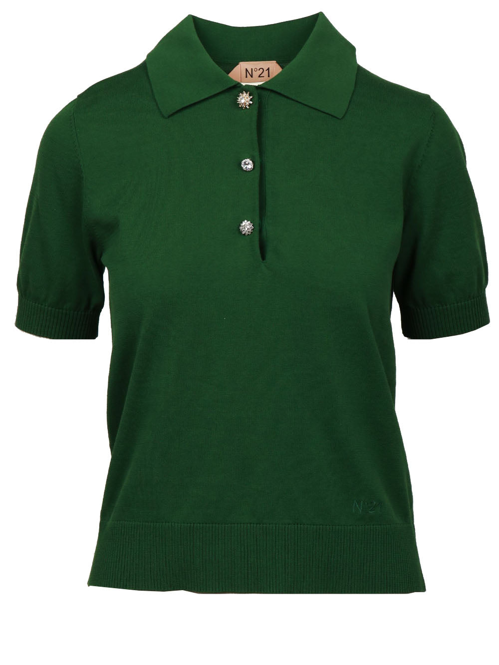 N°21 T-Shirt Polo in Cotone Verde con Bottoni Gioiello Verde