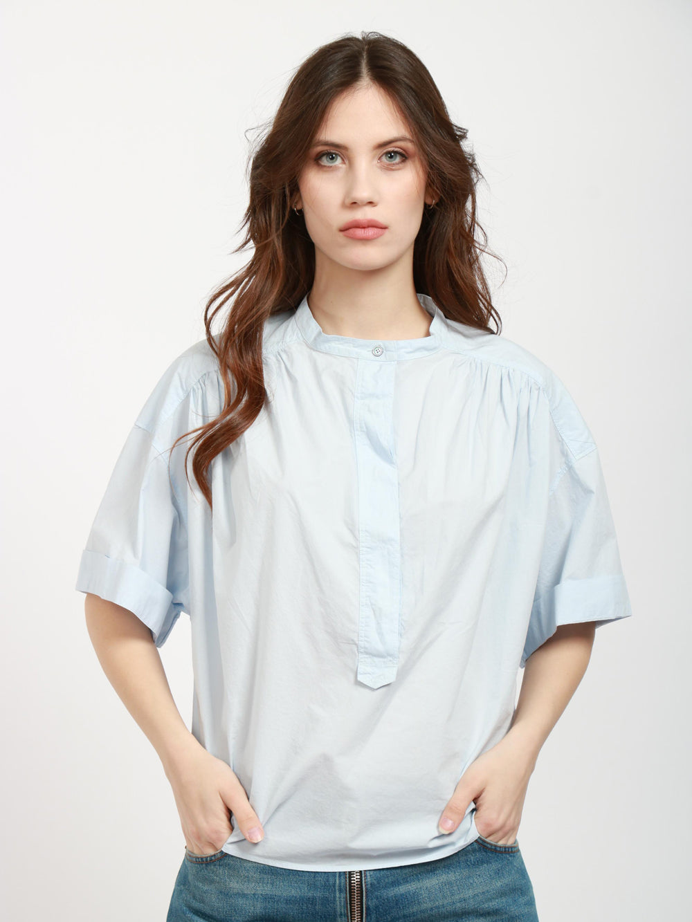 POMANDÈRE Blusa in Cotone Celeste con Maniche Corte Cielo