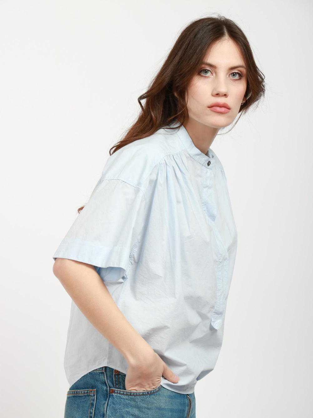 POMANDÈRE Blusa in Cotone Celeste con Maniche Corte Cielo