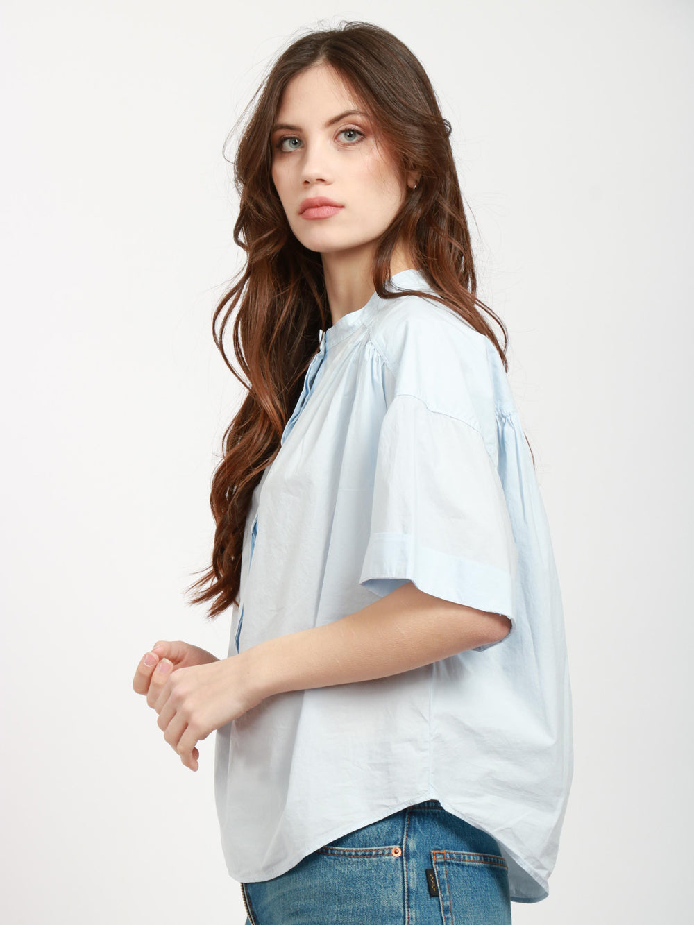 POMANDÈRE Blusa in Cotone Celeste con Maniche Corte Cielo