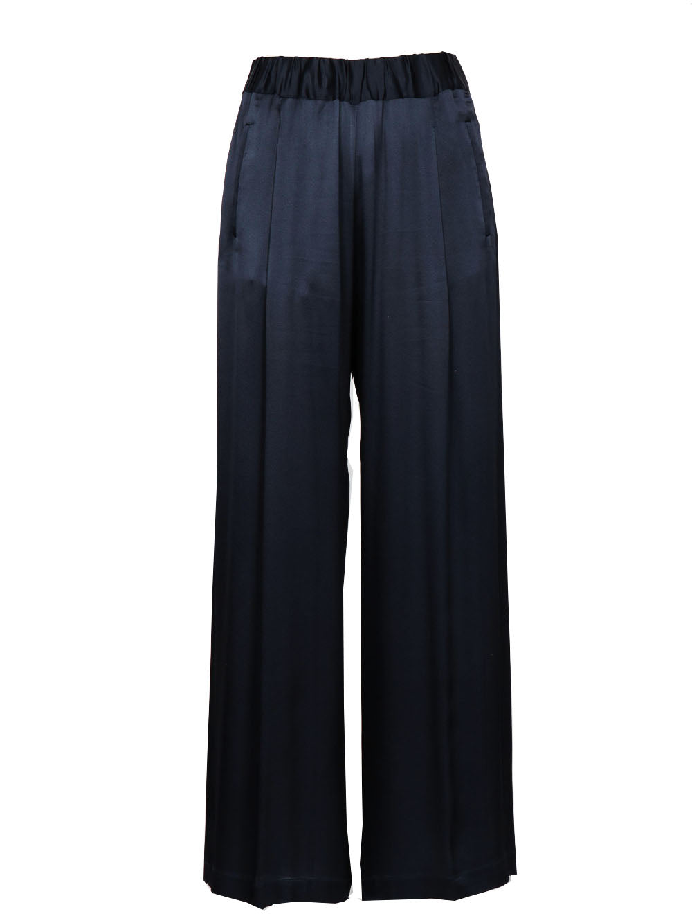 SEMICOUTURE Pantaloni Jhonny Palazzo in Satin Misto Seta Blu Notte Blu