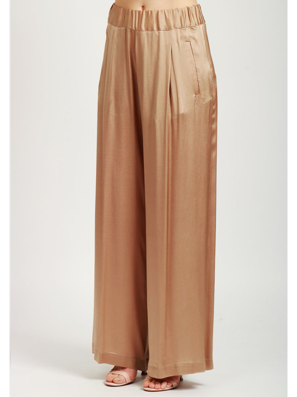 SEMICOUTURE Pantaloni Jhonny Palazzo in Satin Misto Seta Champagne Champagne