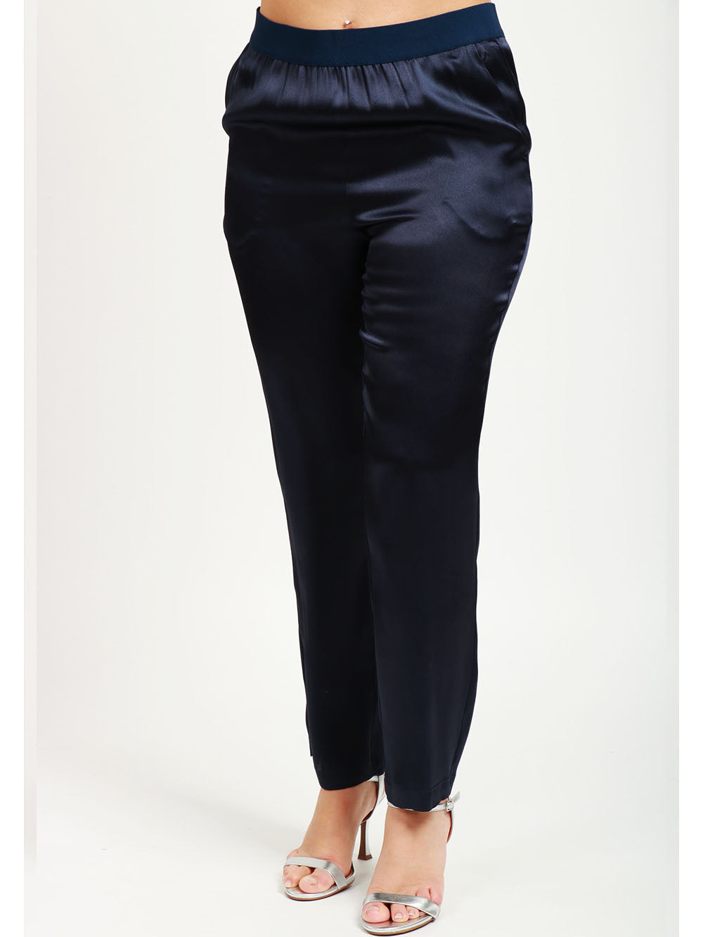 SEMICOUTURE Pantaloni Philippa in Satin Misto Seta Blu Notte Blu