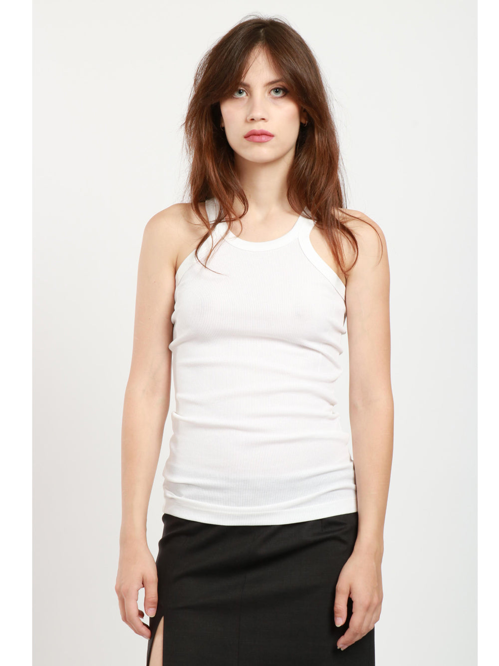 SPORTMAX Top Caccia Canotta a Costine in Misto Seta Bianco Panna