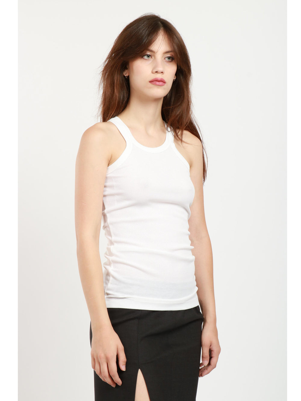 SPORTMAX Top Caccia Canotta a Costine in Misto Seta Bianco Panna