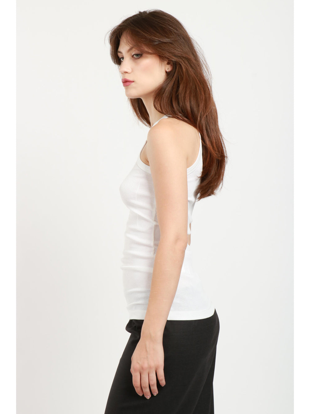 SPORTMAX Top Caccia Canotta a Costine in Misto Seta Bianco Panna