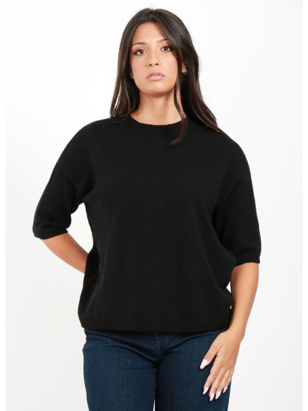 JUCCA Maglia Girocollo in Cashmere Nera con Maniche Corte Nero