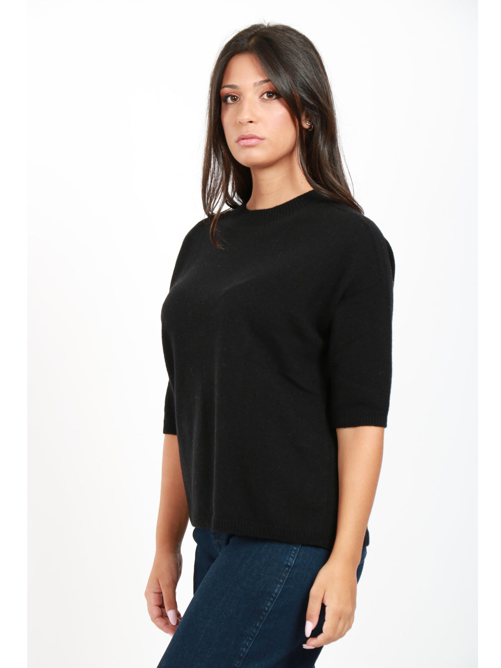 JUCCA Maglia Girocollo in Cashmere Nera con Maniche Corte Nero