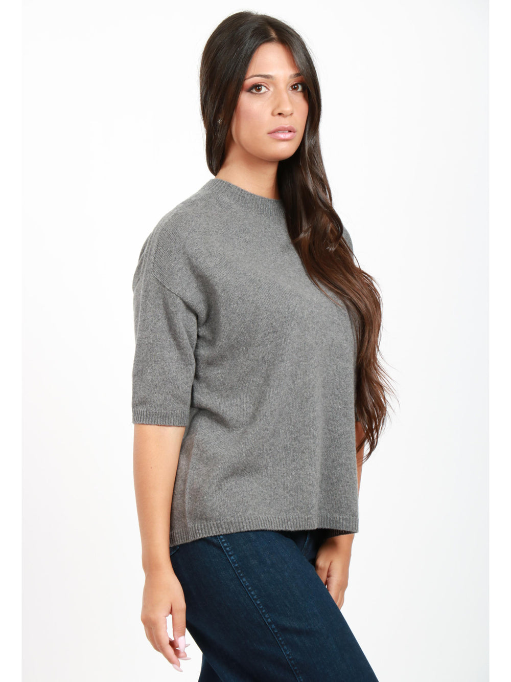 JUCCA Maglia Girocollo in Cashmere Grigia con Maniche Corte Grigio